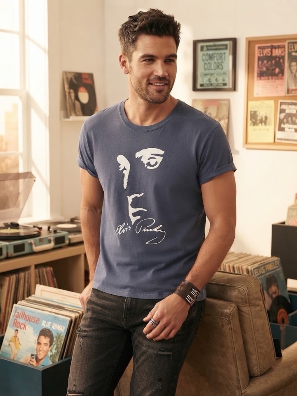 Gildan Men's Slate Blue Graphic Crewneck Tee with White Print